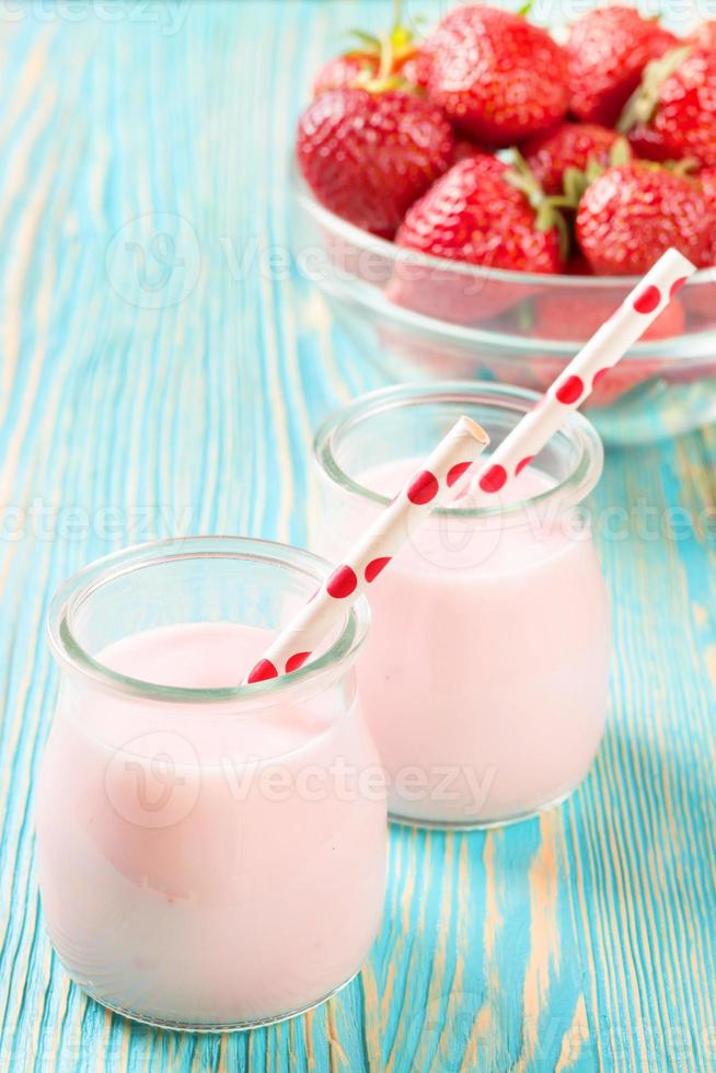 Strawberry milkshake in the glass jar photo