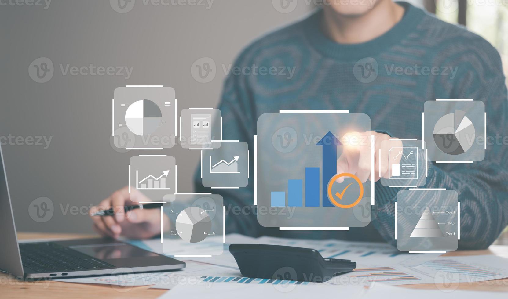 Businessman showing business growth and success graph ,concept of progress in development, financial efficiency and investment with business strategy for goals and opportunities in the industry future photo