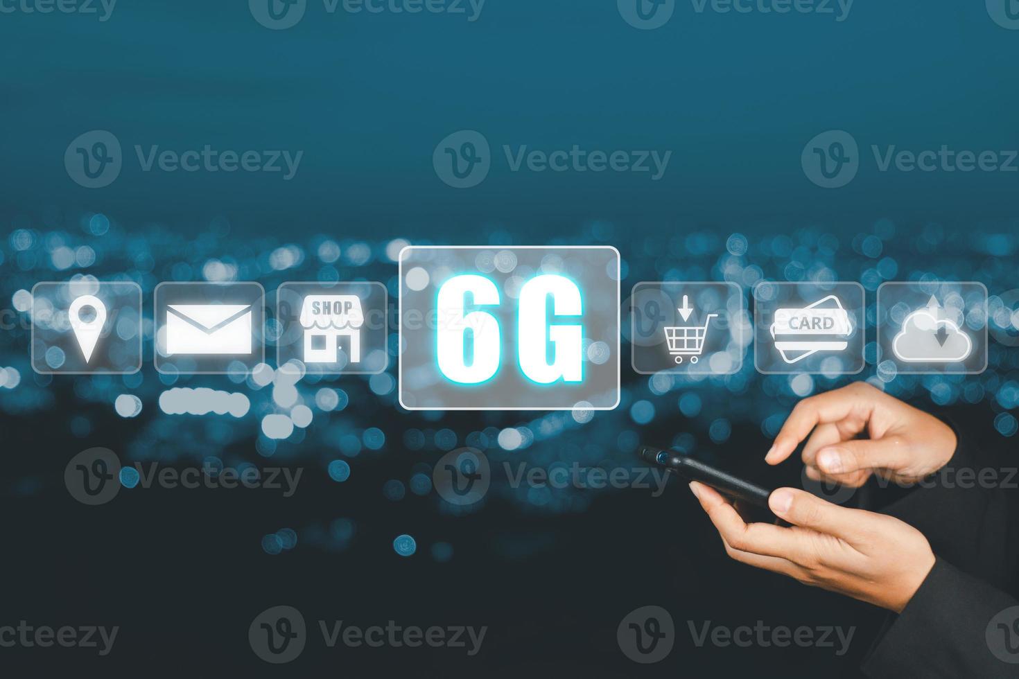 Global communication network concept, Man hand using smart phone with 6G and wifi icon on virtual screen, World wide business, high-speed mobile Internet, new generation networks. Mixed media. photo