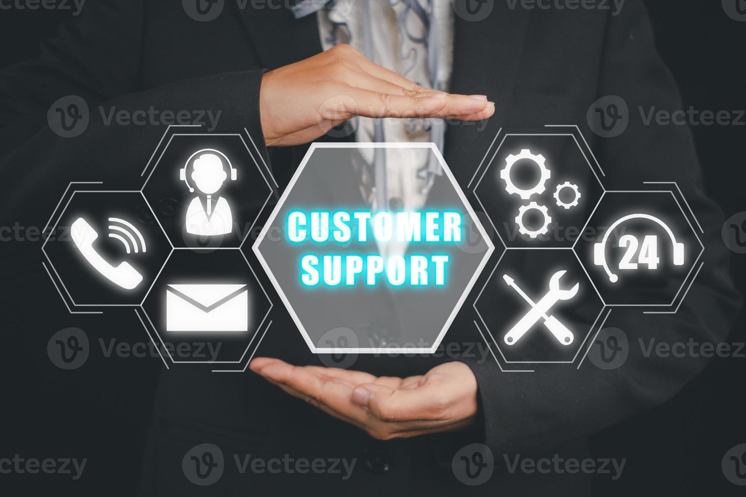 Technical support customer service concept, Person hand holding VR screen support customer icon, Technology internet concept, it support, call center and customer service help. photo