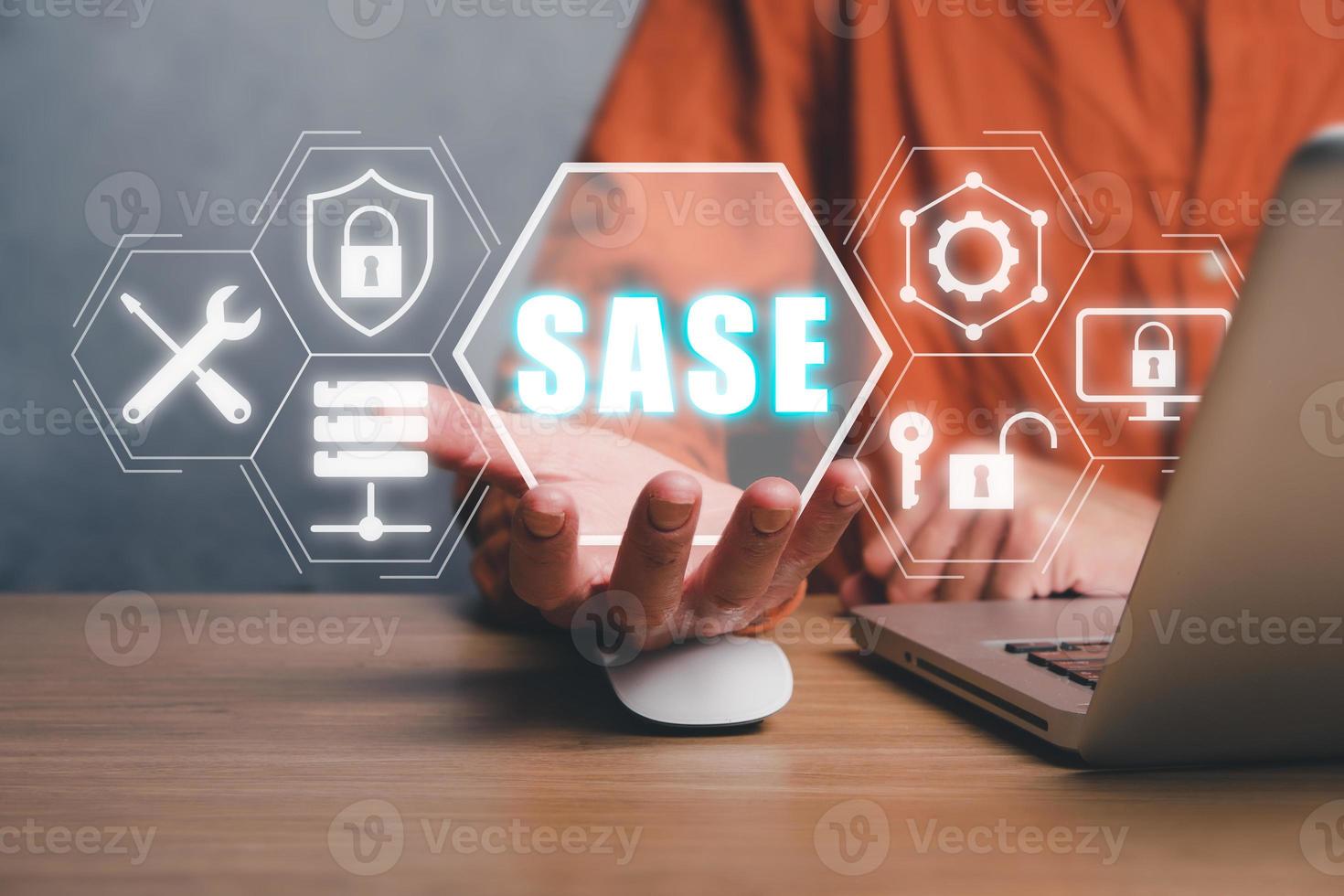 SASE, Secure Access Service Edge concept, Person hand holding Secure Access Service Edge icon on virtual screen background, password, network, framework and support. photo