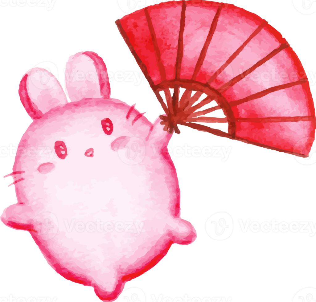 watercolor lunar new year rabbit with fan png