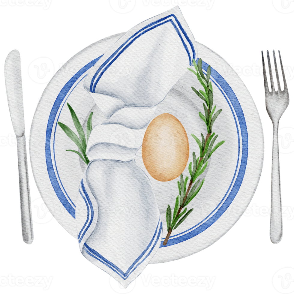 Easter table decor with ceramic easter decorated plate and easter egg decorated with napkin, rosemary, knife and fork. Transparent background PNG