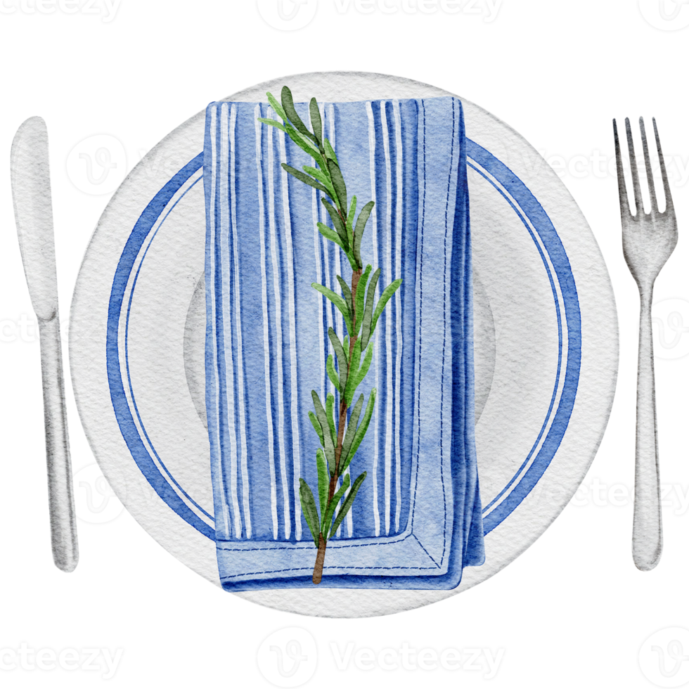 decoración de mesa de pascua de color agua con plato decorado de cerámica, servilleta de mesa azul, romero, cuchillo y tenedor. fondo transparente png