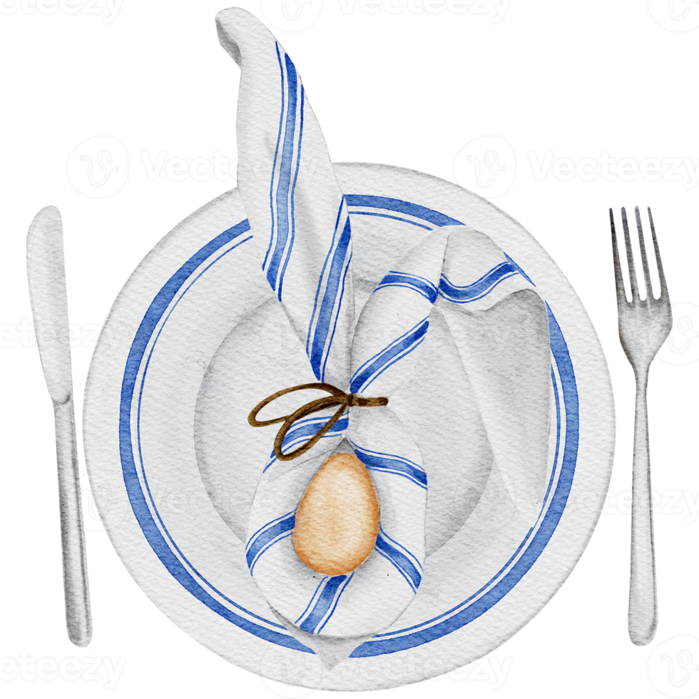 aquarellfarbene ostertischdekoration mit ostern dekoriertem keramikteller und osterei mit serviette, messer und gabel. transparenter hintergrund png