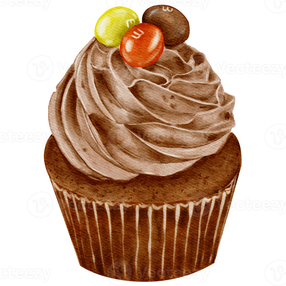 Watercolor chocolate cupcake with orange and yellow candies. Transparent background Png