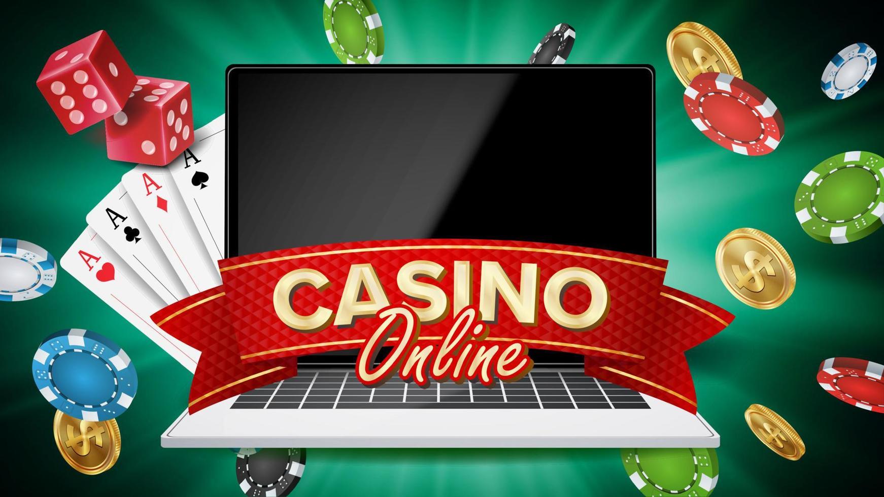 Online Casino Banner Vector. Realistic Laptop. Gambling Casino Banner Sign. Explosion Chips, Playing Dice. Illustration vector