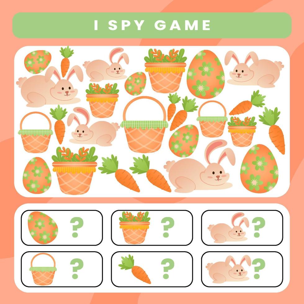 Easter I spy game worksheet for kids. Holiday activity pages vector