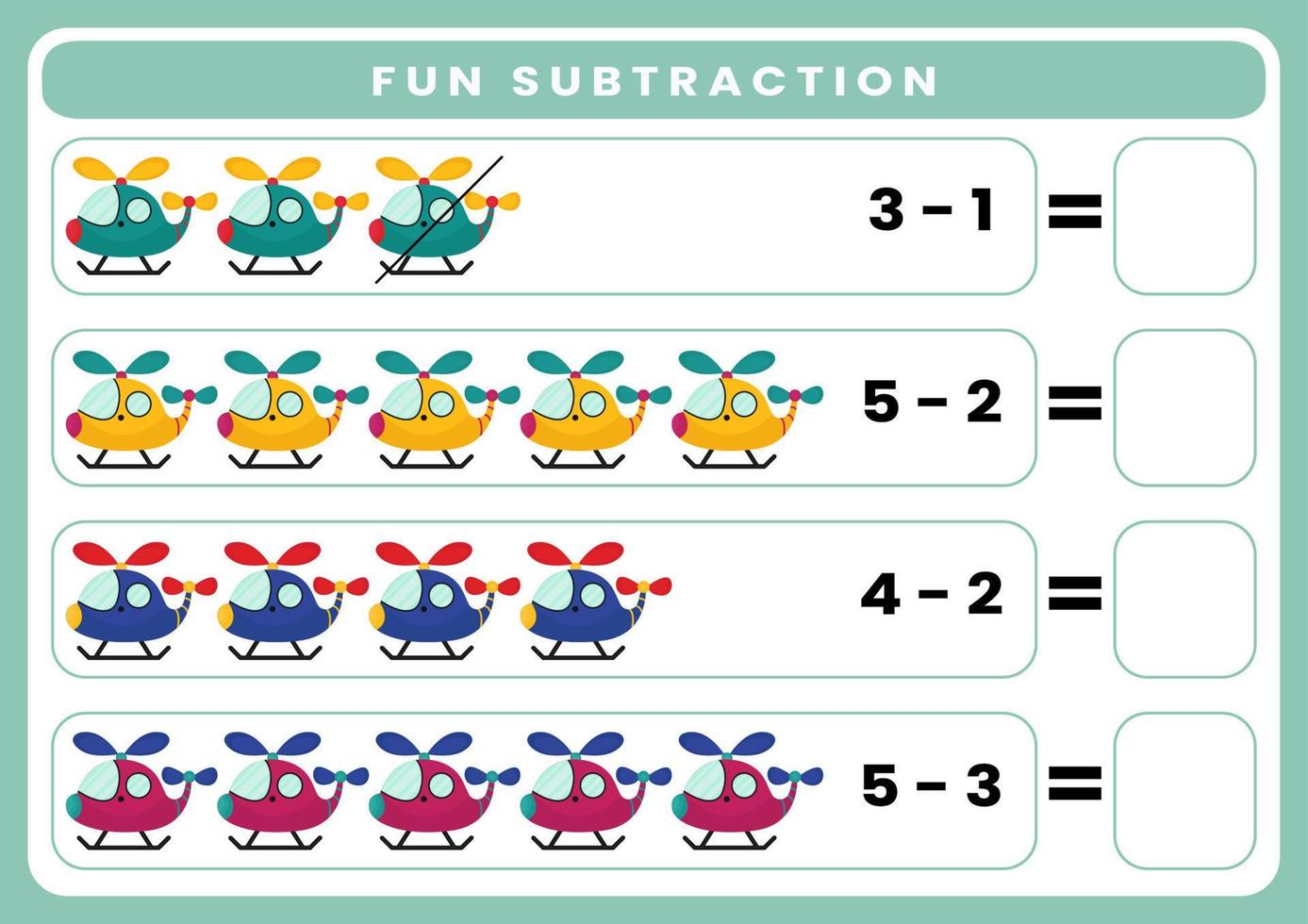 Education game for children fun subtraction by counting cute cartoon transportation. Printable worksheet vector