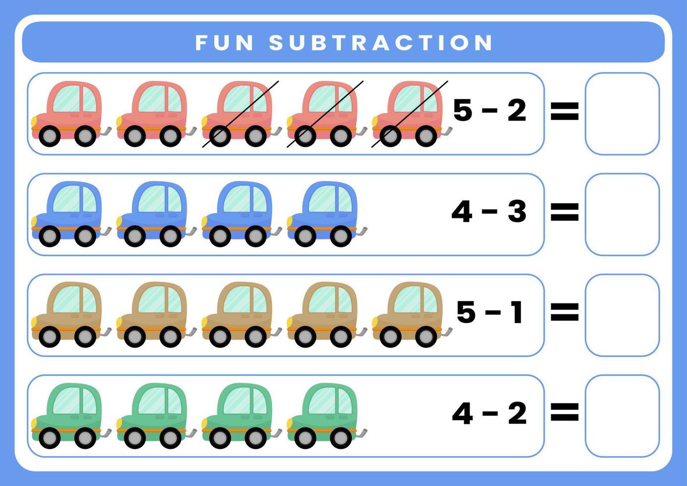 Education game for children fun subtraction by counting cute cartoon transportation. Printable worksheet vector