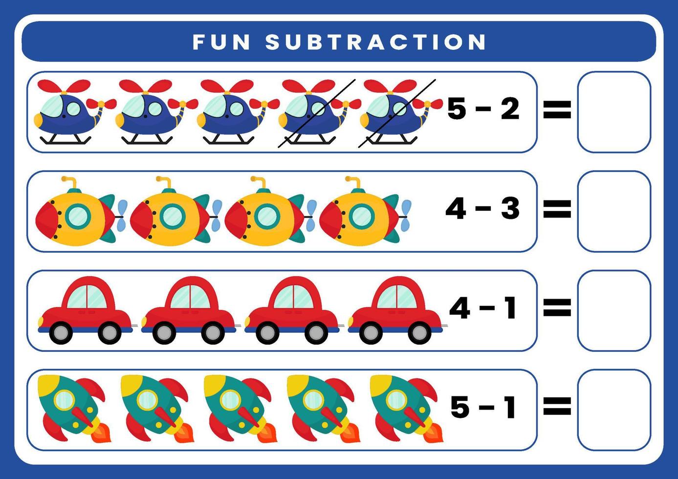 Education game for children fun subtraction by counting cute cartoon transportation. Printable worksheet vector