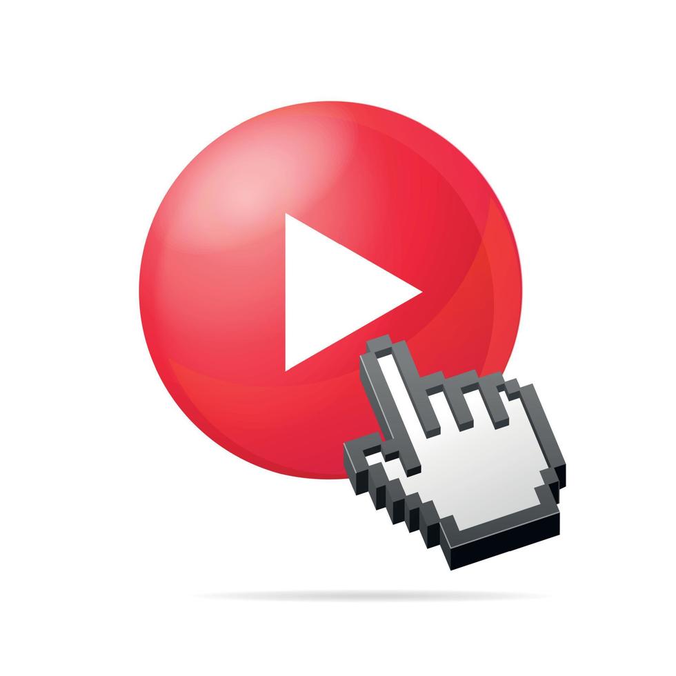 Realistic 3d Detailed Red Bubble Play Button with Pixel Hand Sign. Vector