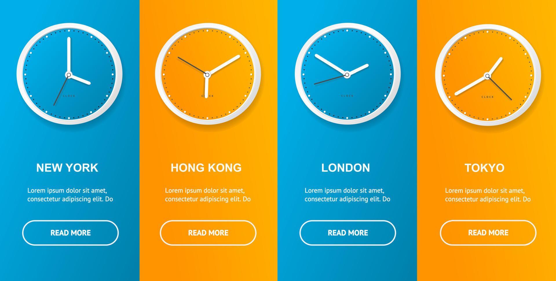 Realistic Detailed 3d Clock Different Time Zone Banner Vertical. Vector