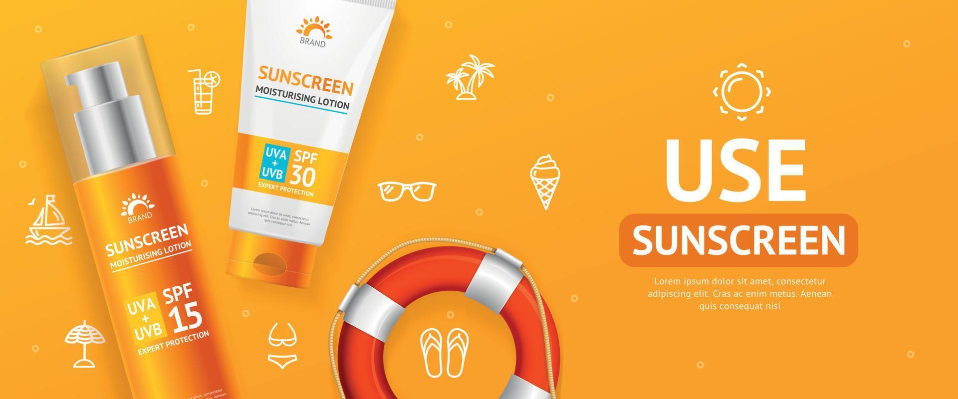 Sunscreen Concept Banner Horizontal with Realistic Detailed 3d Elements. Vector
