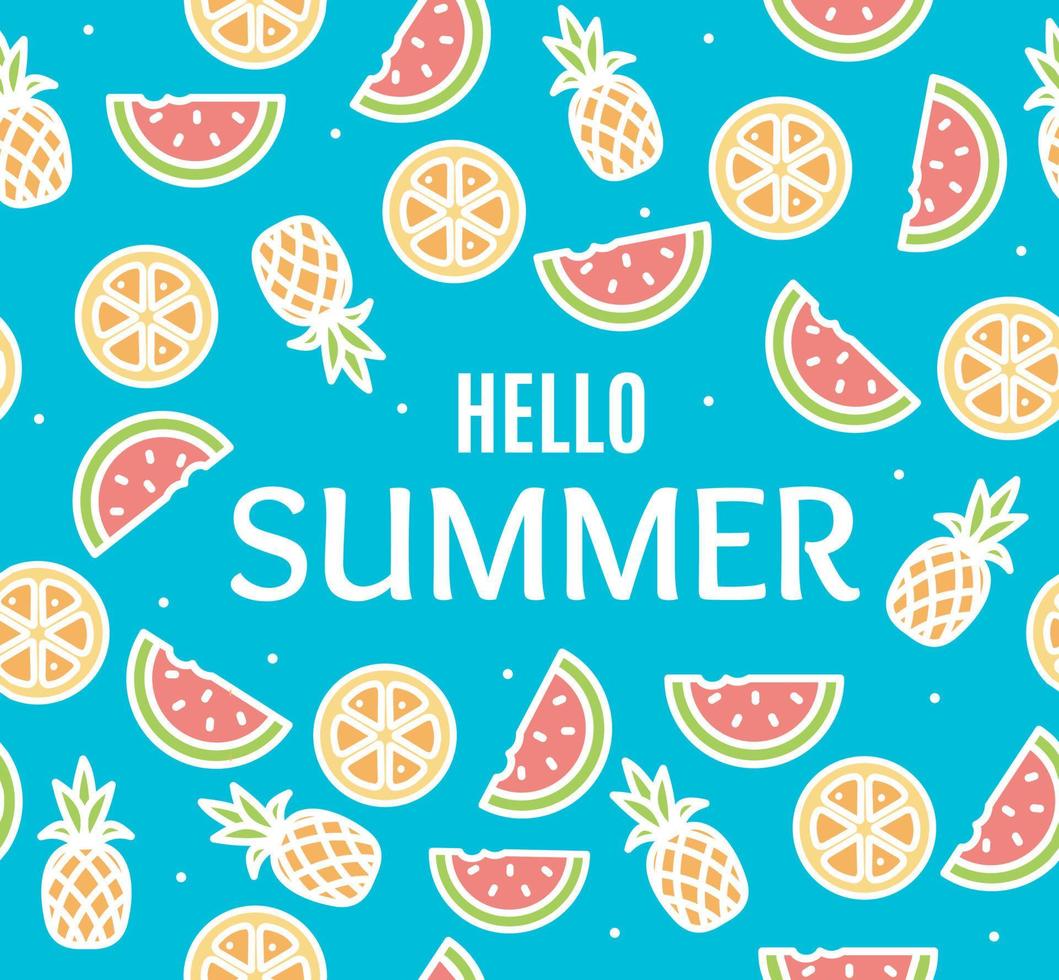 Hello Summer Concept Card Background with Color Thin Line Icons. Vector