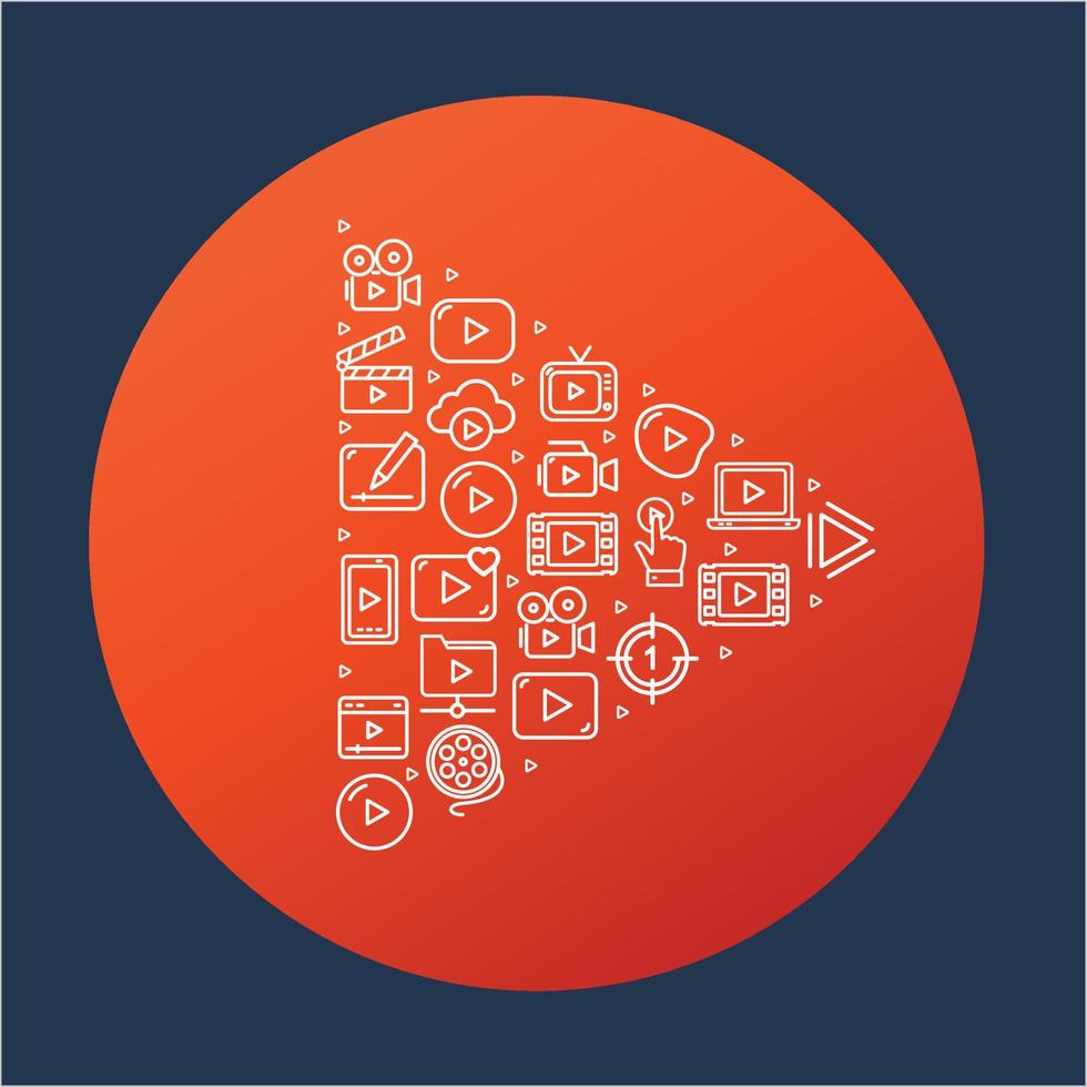 Play Button Red Circle Design with Thin Line Icons. Vector