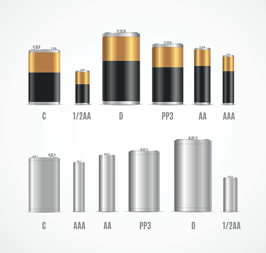 Realistic Detailed 3d Different Alkaline Batteries. Vector