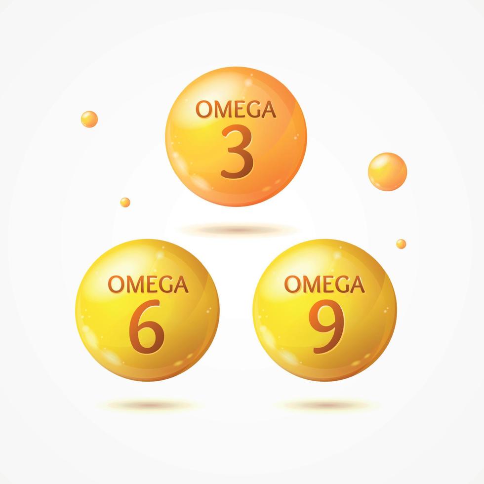 conjunto de cápsulas de píldoras omega 3 6 9 realistas detalladas en 3d diferentes. vector