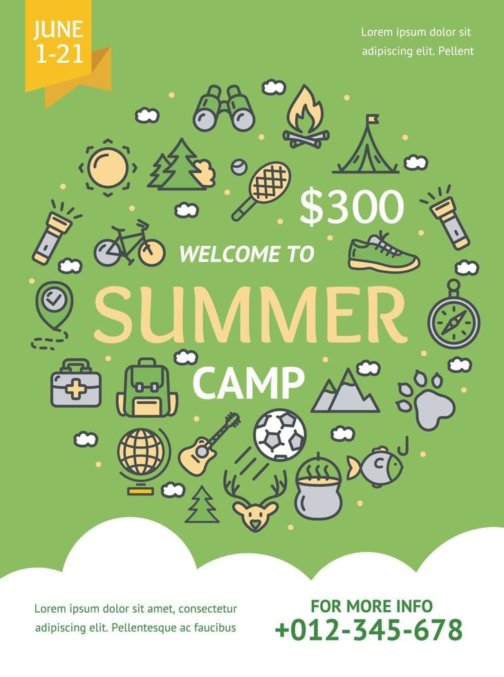 tarjeta de banner de concepto de campamento de verano con iconos de línea delgada de color. vector