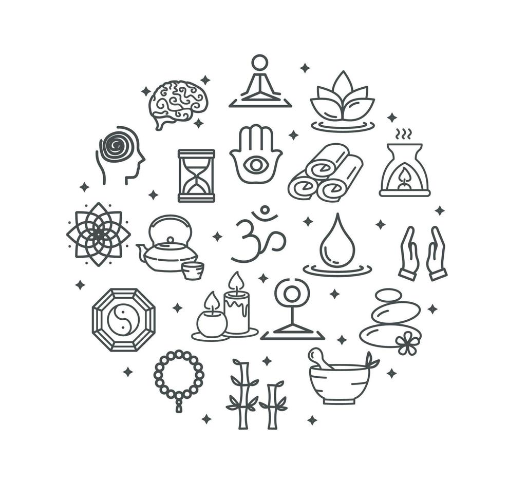 Yoga Meditation Relaxation Sign Round Design Template Thin Line Icon Banner. Vector