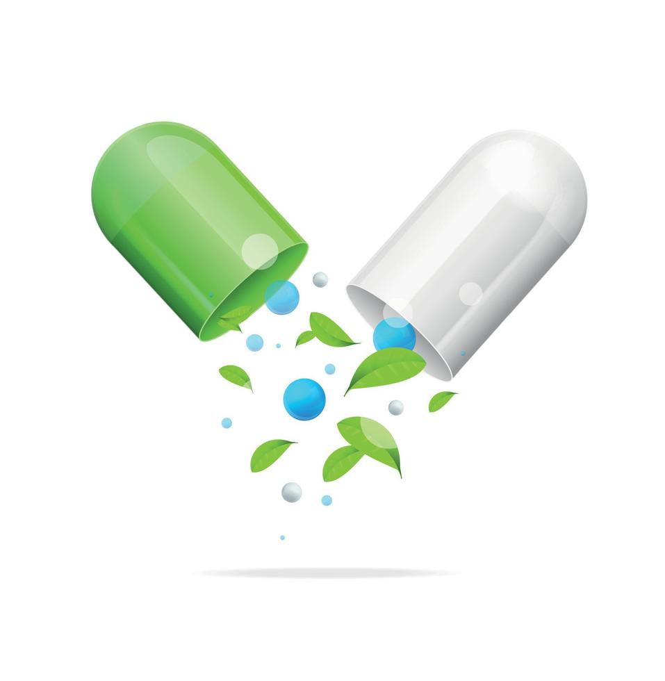 Realistic Detailed 3d Pill With Green Leaf. Vector