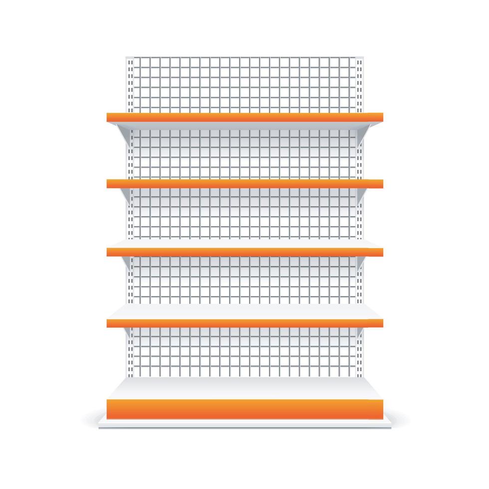 maqueta de plantilla de estante de mercado de estantes de tienda en blanco blanco 3d detallado realista. vector