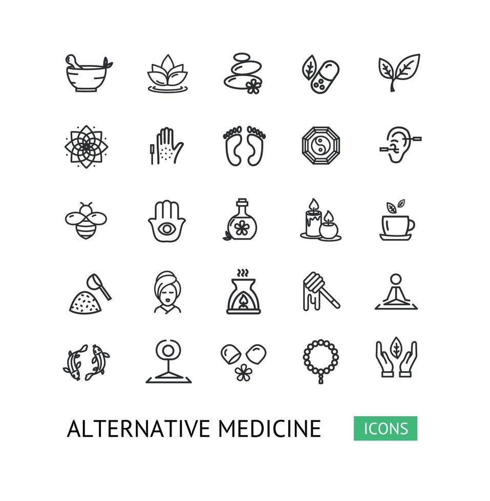 conjunto de iconos de línea delgada de signo de medicina alternativa. vector