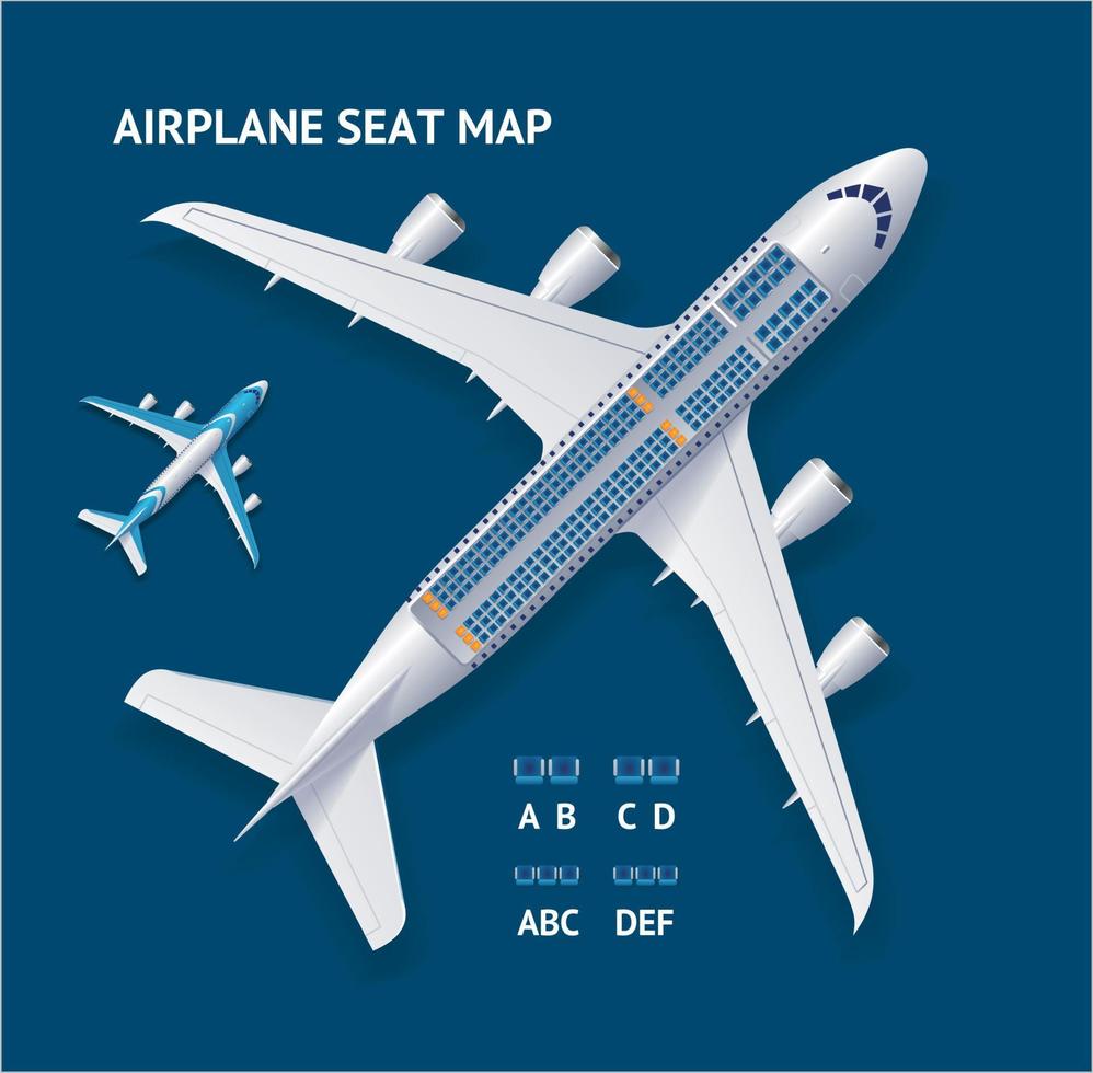 Tarjeta de concepto de avión y mapa de asientos detallados en 3d realistas. vector