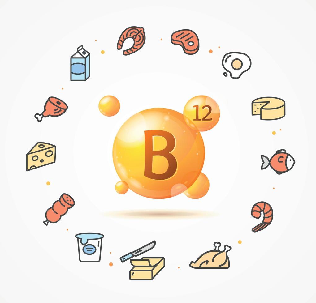 Realistic Detailed 3d Vitamin B12 Gold Pill Capsule and Thin Line Icons. Vector