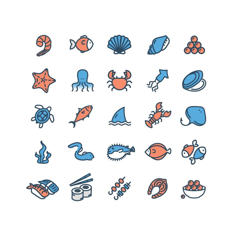 Seafood Sign Color Thin Line Icon Set. Vector