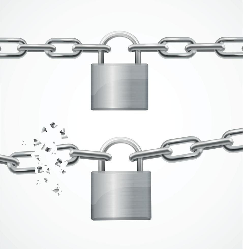 Realistic Detailed 3d Whole and Broken Chain and Lock Set. Vector