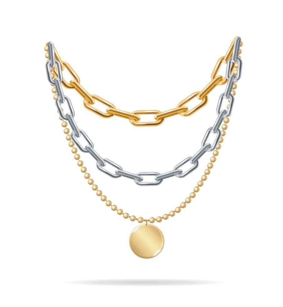 Realistic Detailed 3d Gold and Silver Chain Set. Vector