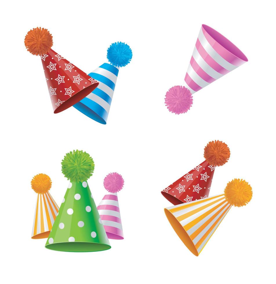 Realistic Detailed 3d Party Hat with Fluffy Balls Pompons Set. Vector