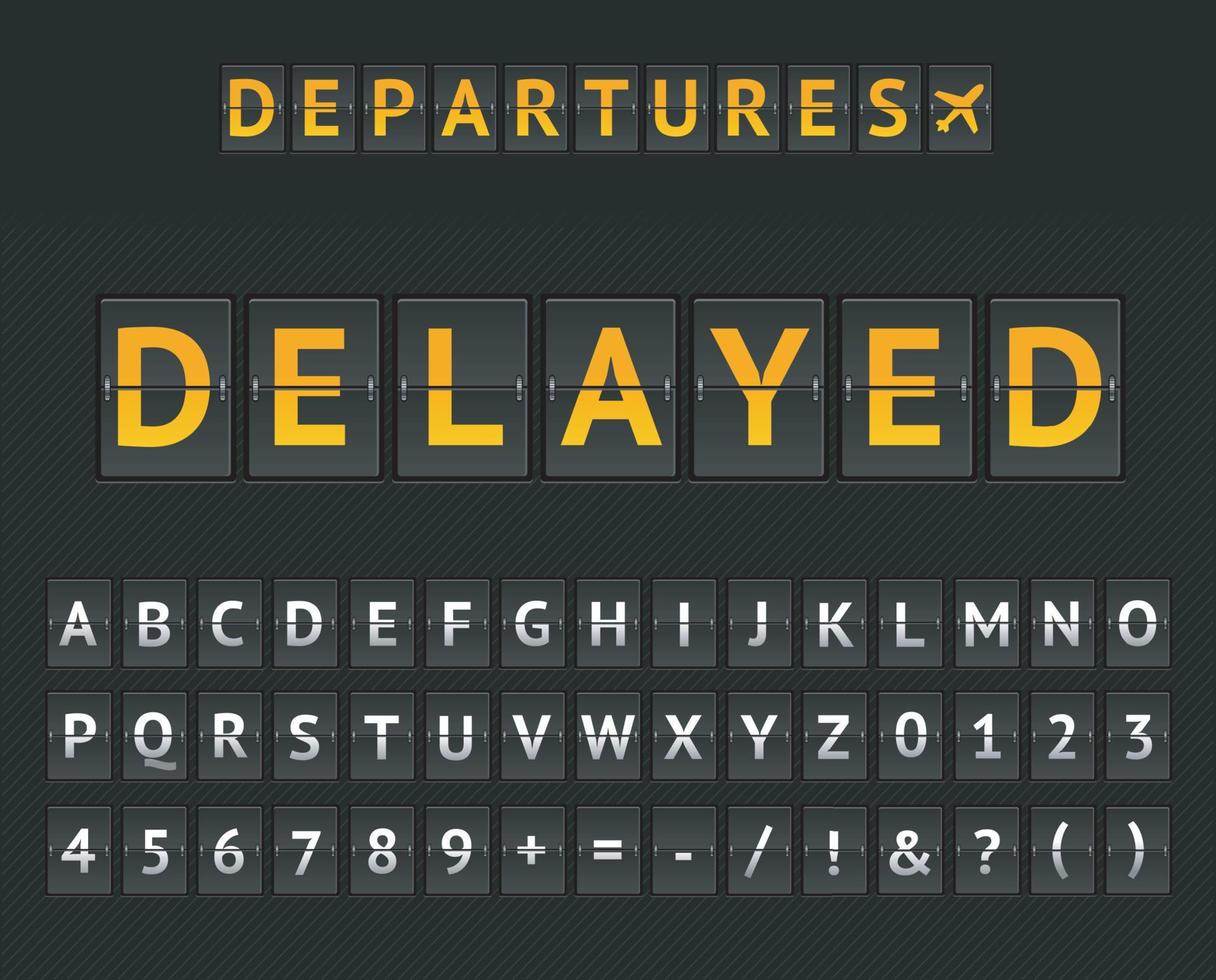 Tablero mecánico del aeropuerto retrasado y juego de letras y números. vector