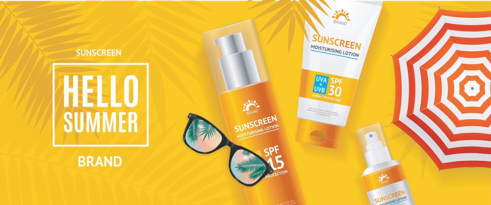 Hello Summer Concept Banner Horizontal with Realistic Detailed 3d Sunscreen. Vector