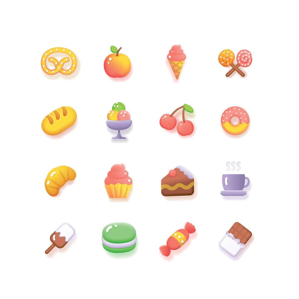 alimentos dulces cafetería panadería conjunto de iconos diseño fluido. vector