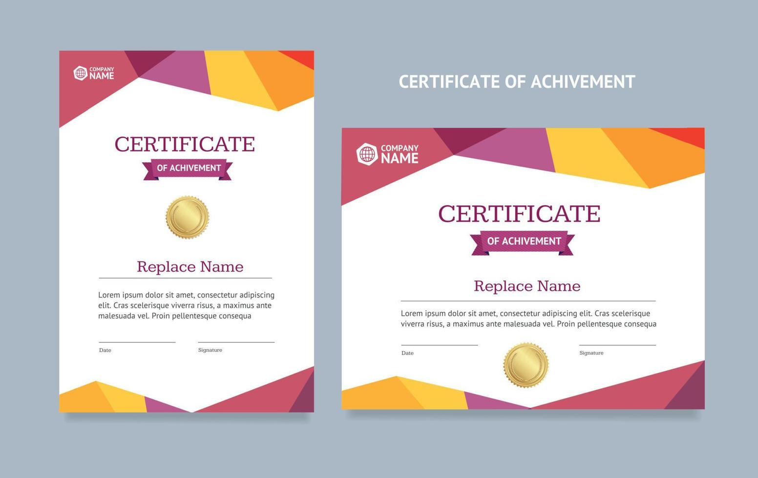 Template Certificate of Achievement Vecrtical and Horizontal Set. Vector
