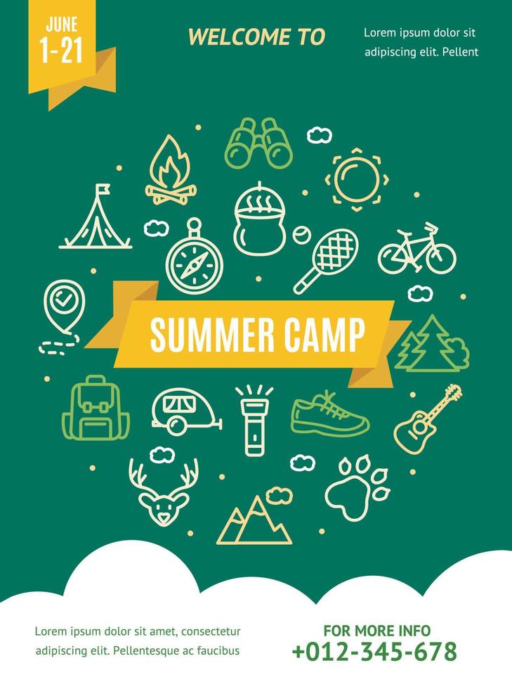 tarjeta de banner de concepto de campamento de verano con iconos de línea delgada de color. vector