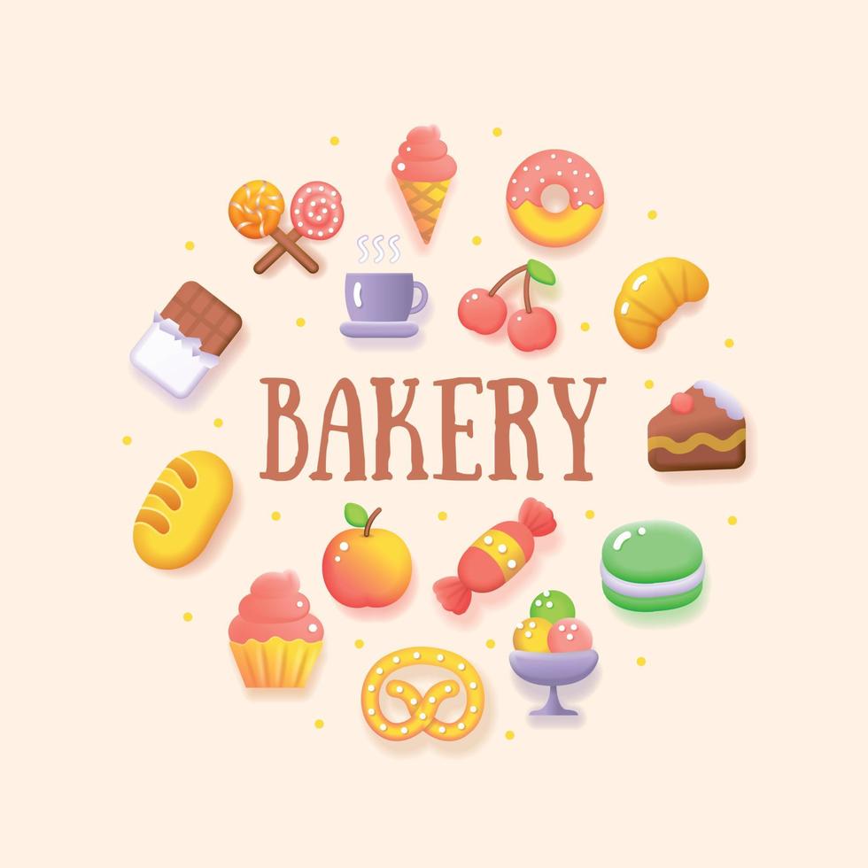 Food Sweets Coffee Shop Bakery Round Fluent Design Template Icon Concept. Vector