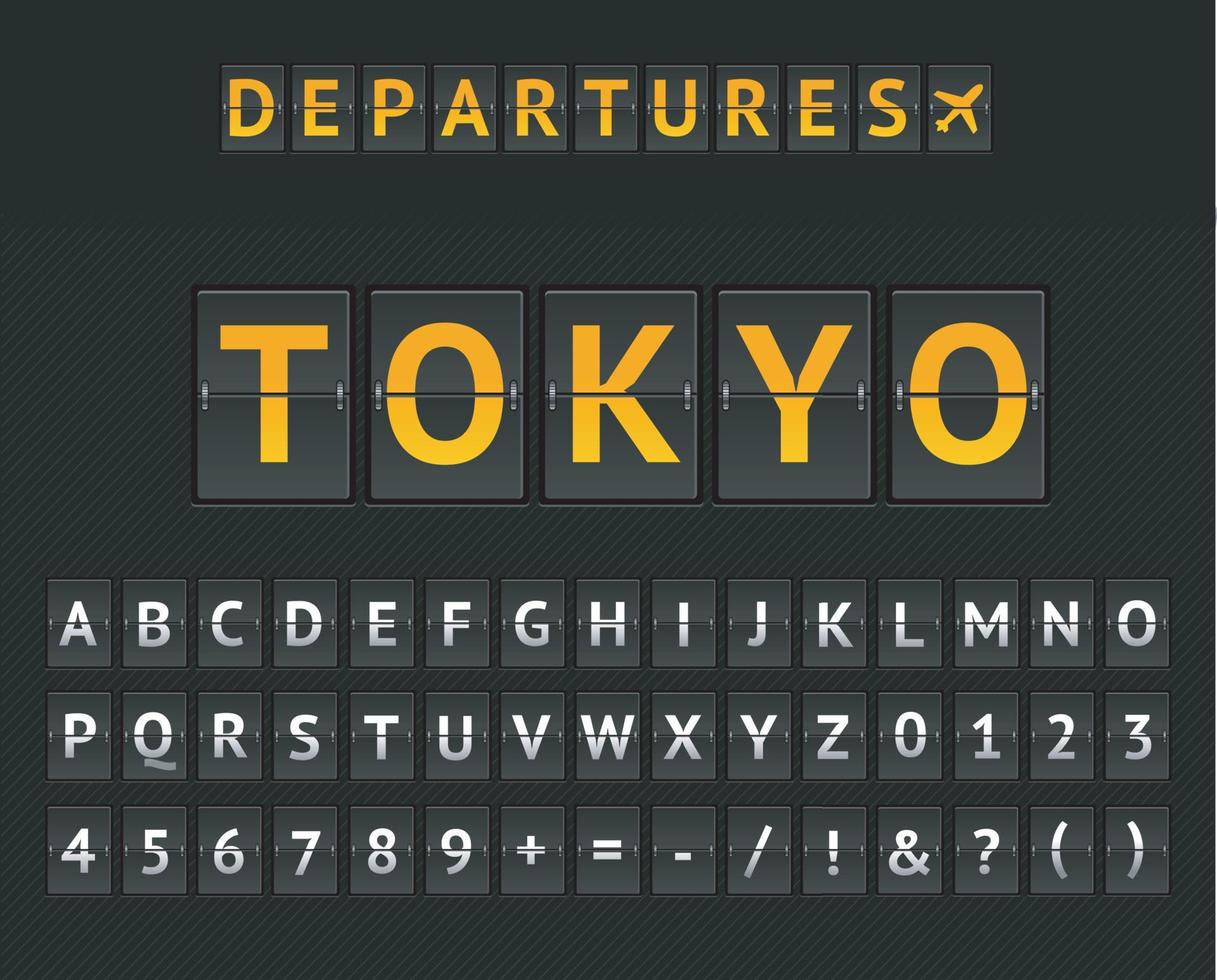 flipboard mecánico aeropuerto tokio y juego de letras y números. vector