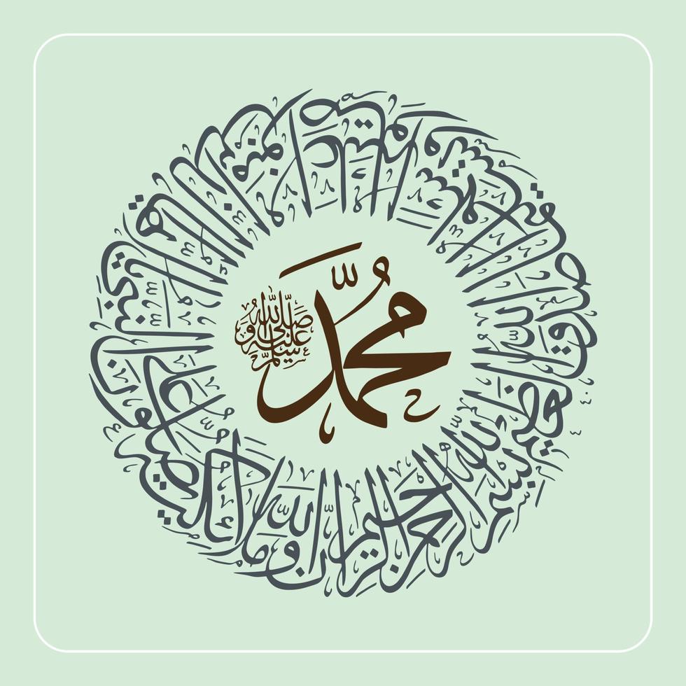 caligrafía árabe circular, al quran surah al ahzab verso 56, traducción verdaderamente allah y sus ángeles oran por el profeta. vector