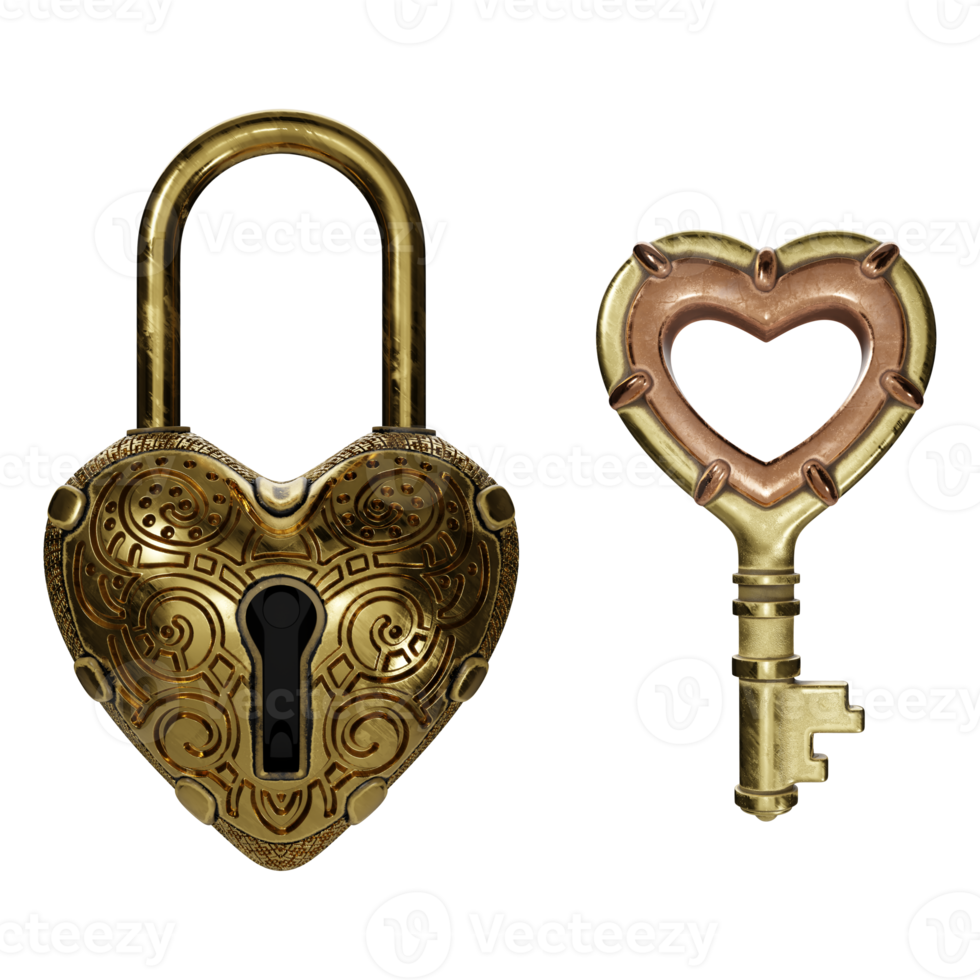 A 3D rendered representation of an antique key set in the form of a golden heart. png