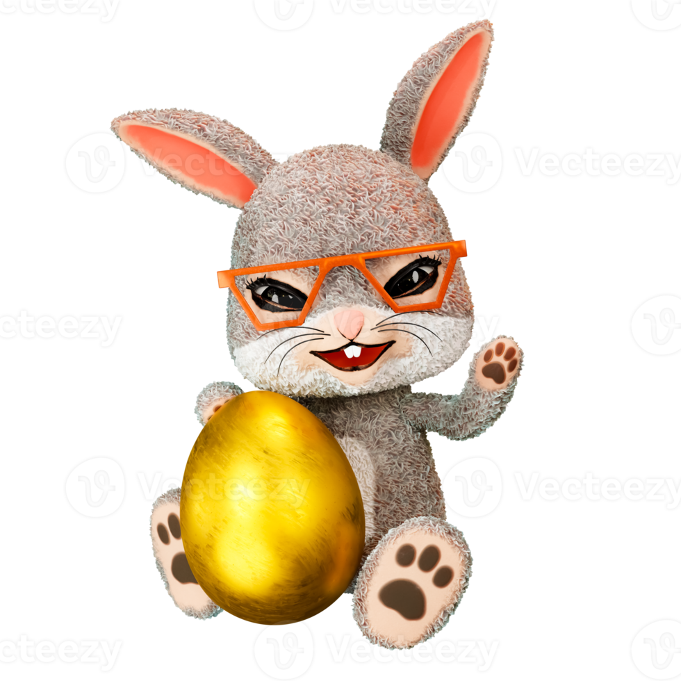 3d rendering illustration of a sweet and fluffy Easter bunny sitting while carrying a golden egg. png