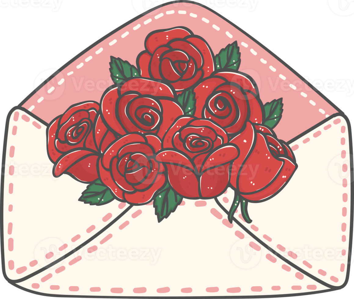 Cute sweet Love Valentine envelope letter with roses flowers doodle cartoon png