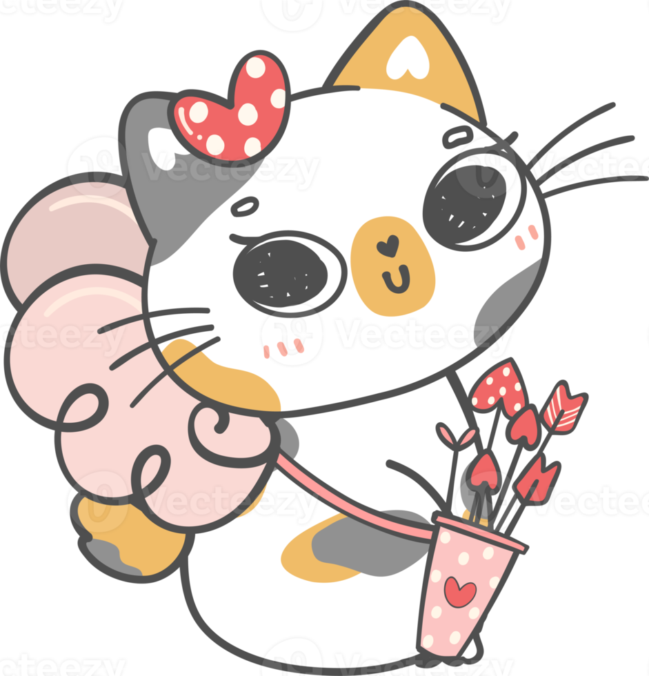 Cute Happy Valentine cupid love funny calico kitten cat cartoon doodle hand drawing png