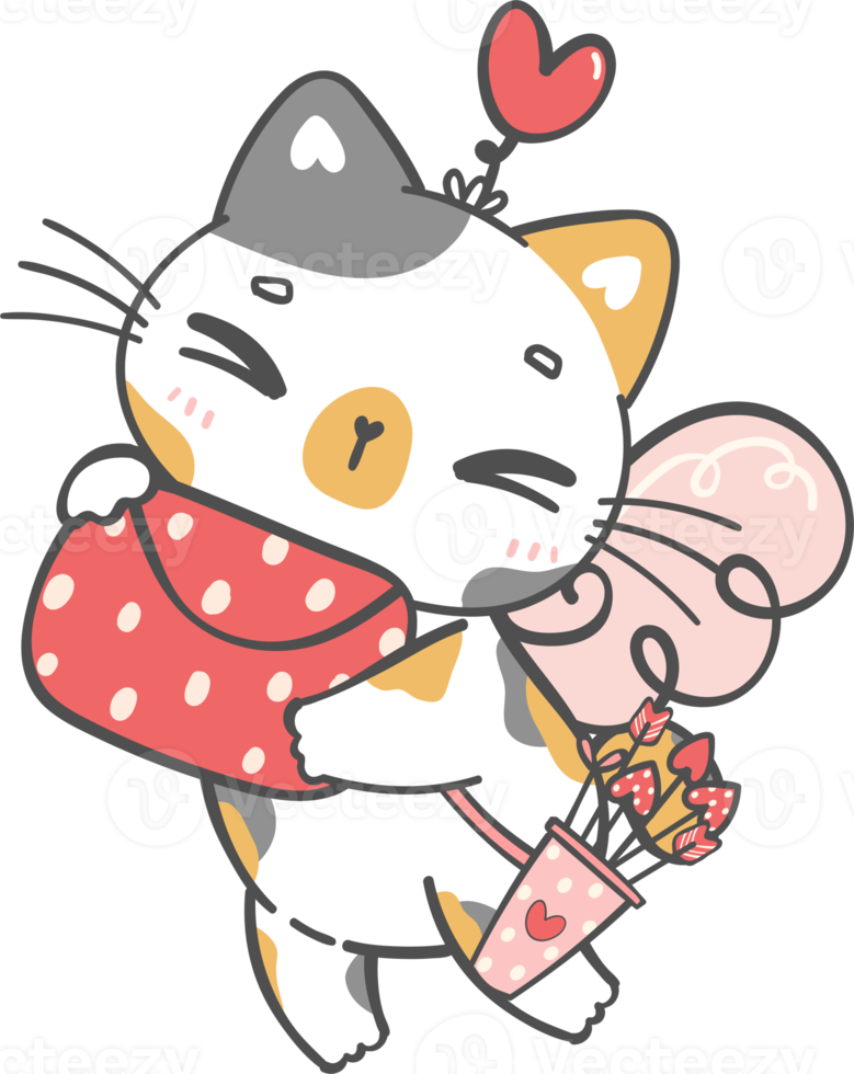 Cute Happy Valentine cupid love funny calico kitten cat cartoon doodle hand drawing png
