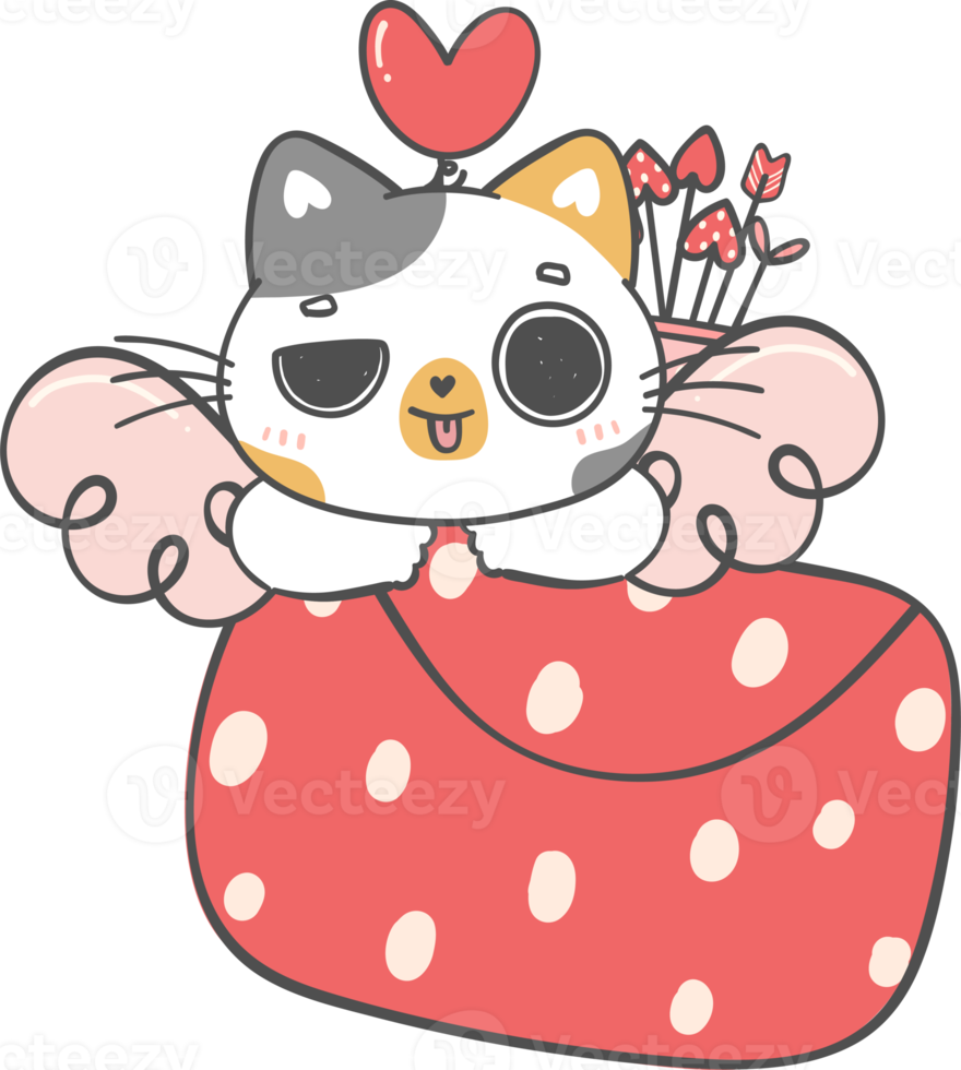 Cute Happy Valentine cupid love funny calico kitten cat cartoon doodle hand drawing png