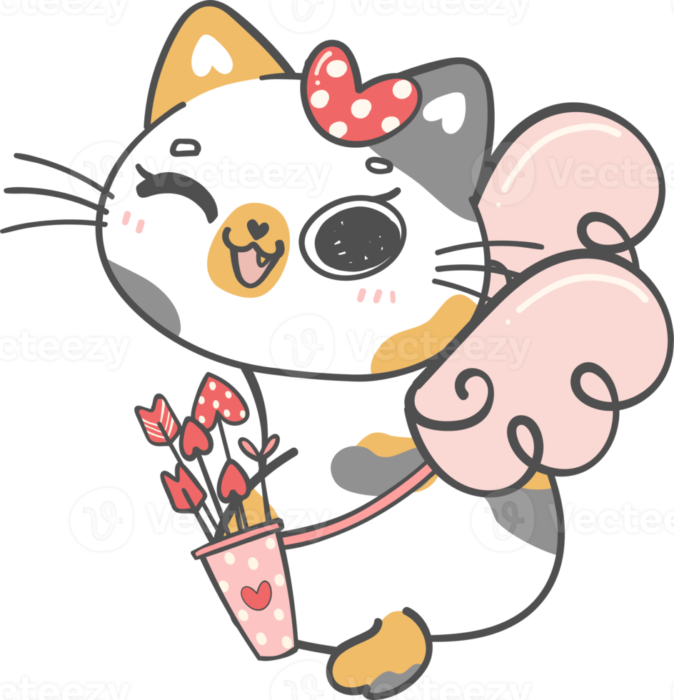 Cute Happy Valentine cupid love funny calico kitten cat cartoon doodle hand drawing png