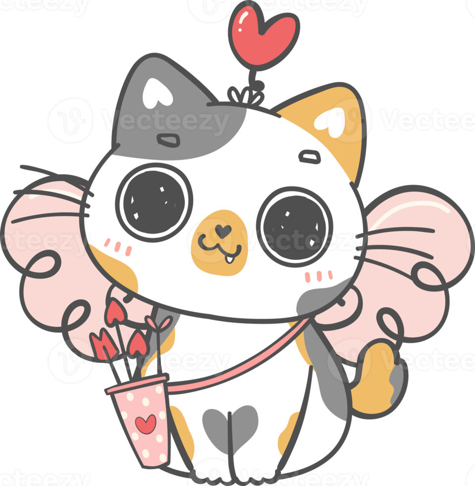 Cute Happy Valentine cupid love funny calico kitten cat cartoon doodle hand drawing png