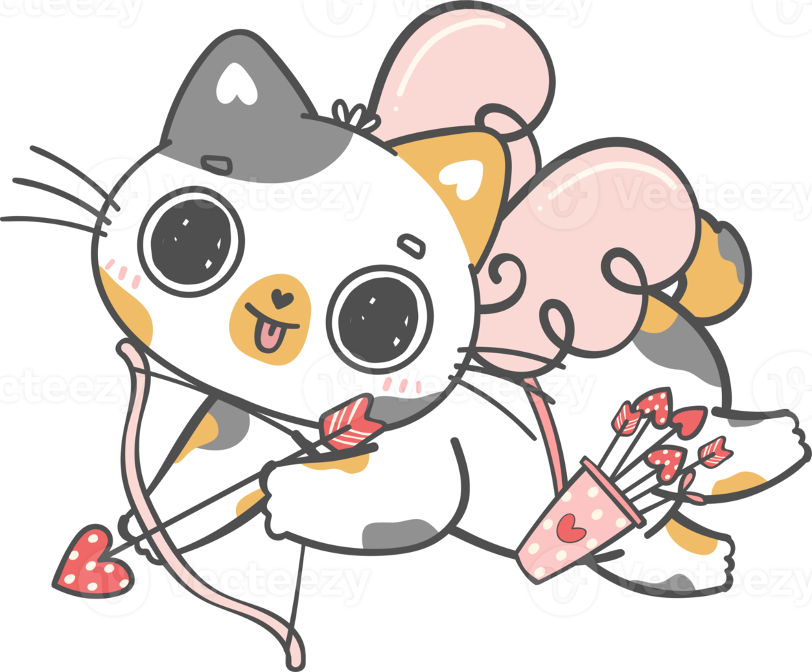Cute Happy Valentine cupid love funny calico kitten cat cartoon doodle hand drawing png